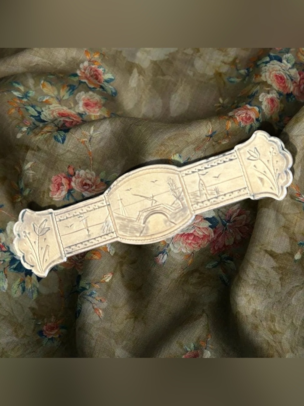 Victorian Aesthetic Movement Gold Filled Bar Pin 1877 Patent Engraved Landscape